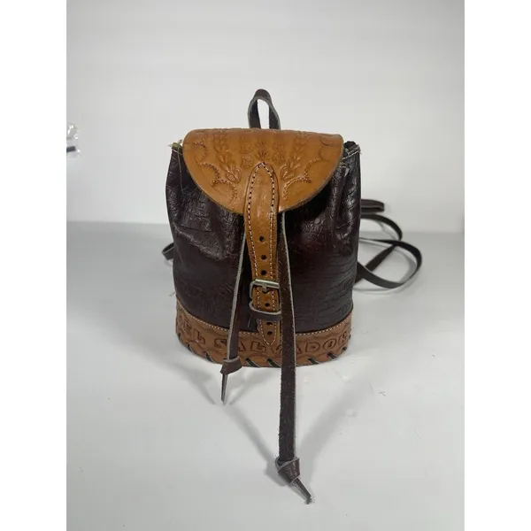Brown/Tan Floral Tooled Embossed Mini Backpack Drawstring Flap Buckle Silver - Image 2