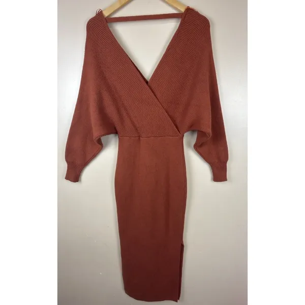Petal + Pup Knit Sweater Midi Dress Size 2 Rust Terracotta V Neck Long Sleeve - Image 2