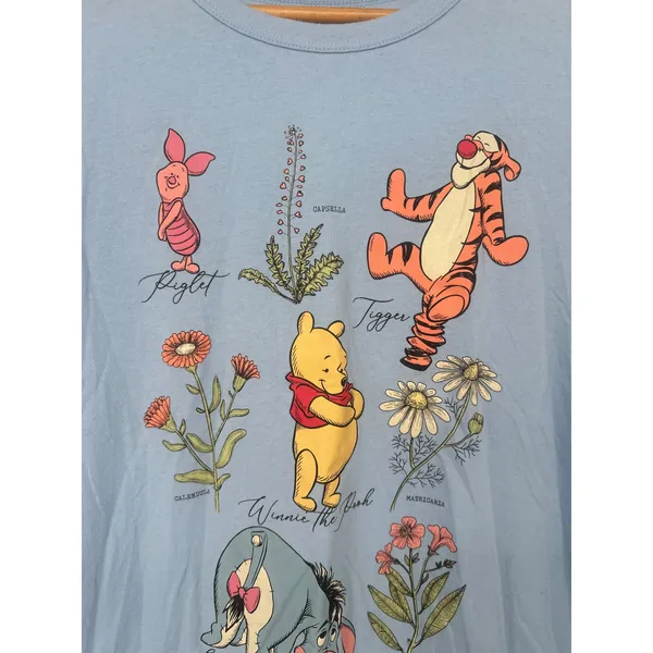 Disney Winnie the Pooh T-Shirt Women M Blue Graphic Characters Floral Botanical - Image 2