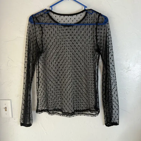 Sheer Black Polka Dot Mesh Long Sl Top Women's Swoss Dot‎ Blouse Small Going out - Image 4