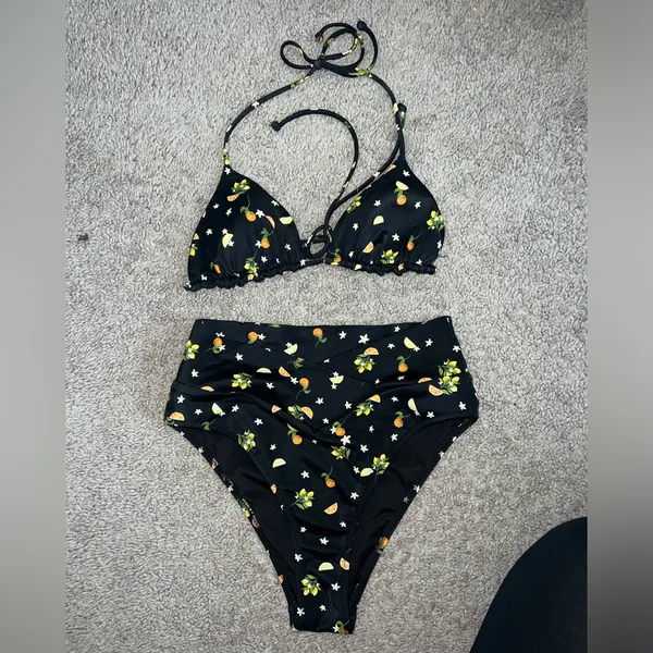 PINK bikini swimsuit size small orange lemon print high waist string top - Image 7
