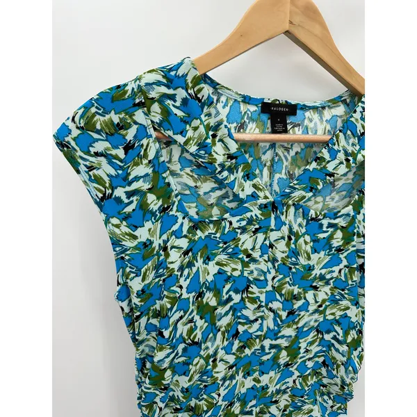 Halogen Blue Green Floral Cap Sleeve Ruched Waist Midi Dress HA469372MI Womens S - Image 4