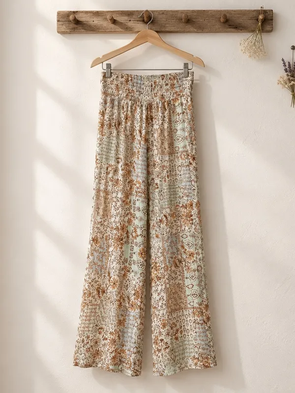 Pink Rose Beige Floral Patchwork Wide-Leg Pants - Image 3