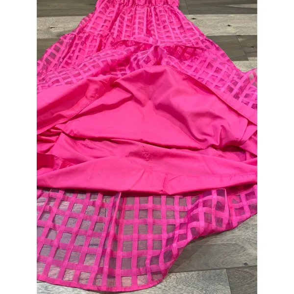 ChicWish Pink Dress with Solid & Sheer Checkered Overlay Halter Ruffle Neck Sz M - Image 11