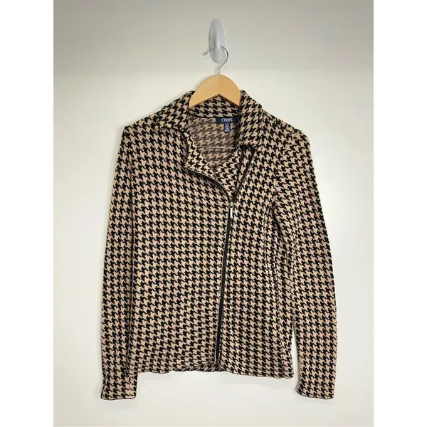 Chaps Houndstooth Knit Moto Jacket Tan Black Asymmetrical Zip Sweater Size Small - Image 2