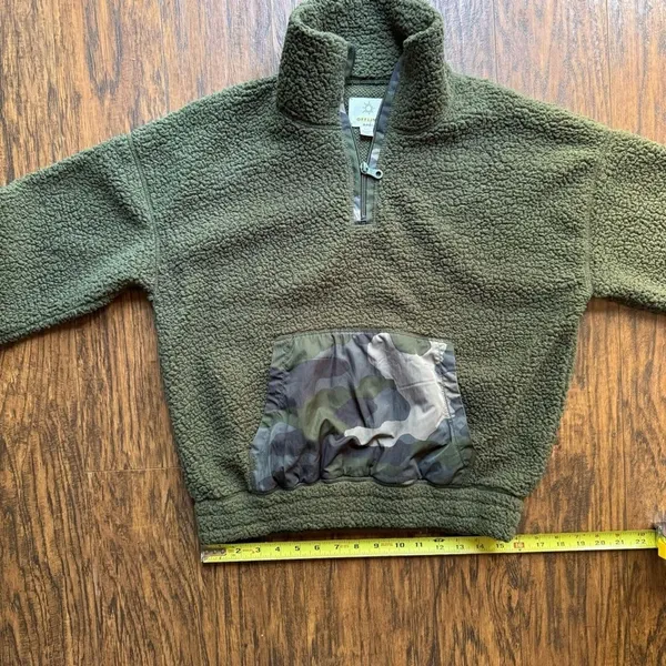 Aerie Fleece Pullover Quarter Zip Sweatshirt Olive Green Camo Womens Size Small - Image 7