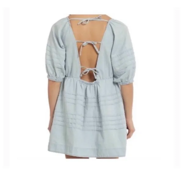 7 For‎ All Mankind Mini Dress Womens Blue Excellent Open Back Puff Sleeve Cotton - Image 2