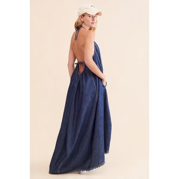 Free People Denim Dreams Midi Maxi Dress in 70s Blue Large Jean Jumper Retro - Image 15