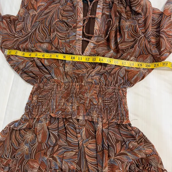 Olivaceous Brown, Blue and Tan Dress with Elastic Waist and Tiered Small - Image 6