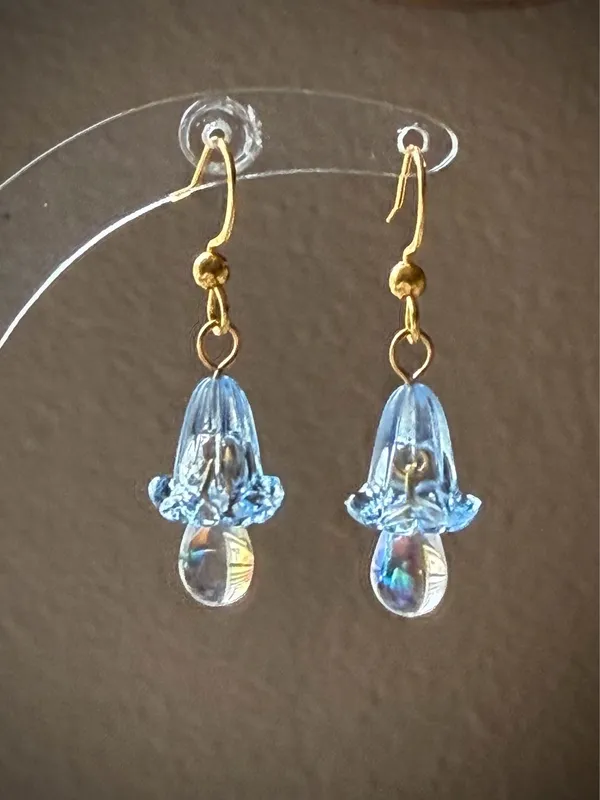 Handmade quality Czech glass beads & German acrylic flower beads cute fairy cottage style dangle earrings💐🩵 - Image 5