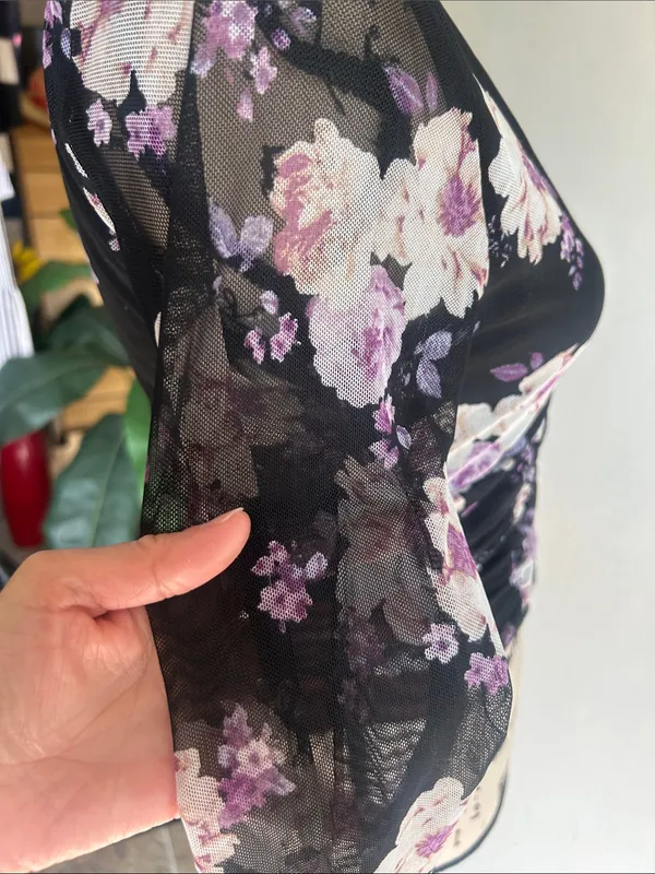 Rebellious Dreamer Ruched Floral Black Top Size Medium - Image 9