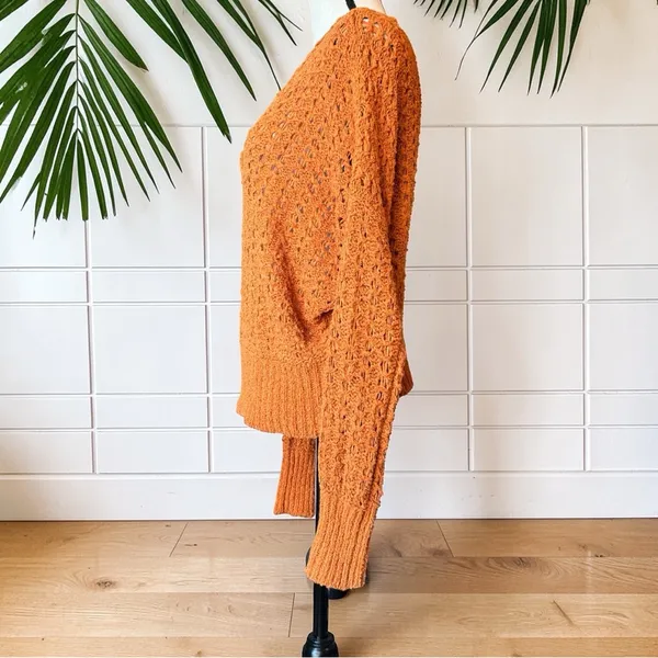 Free People Orange Open Knit Slouchy V-Neck Sweater Boho Oversized (READ) - Image 7