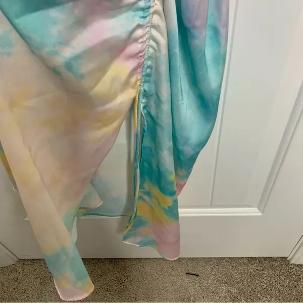 Zara pastel tie dye satin rainbow‎ ruched ruched midi dress blogger size XS - Image 11