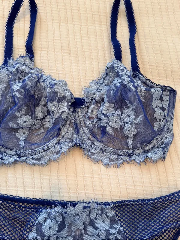 Victoria's Secret Blue Floral Lace Underwire Bra & Panty Set NWOT 32DDD - Image 3