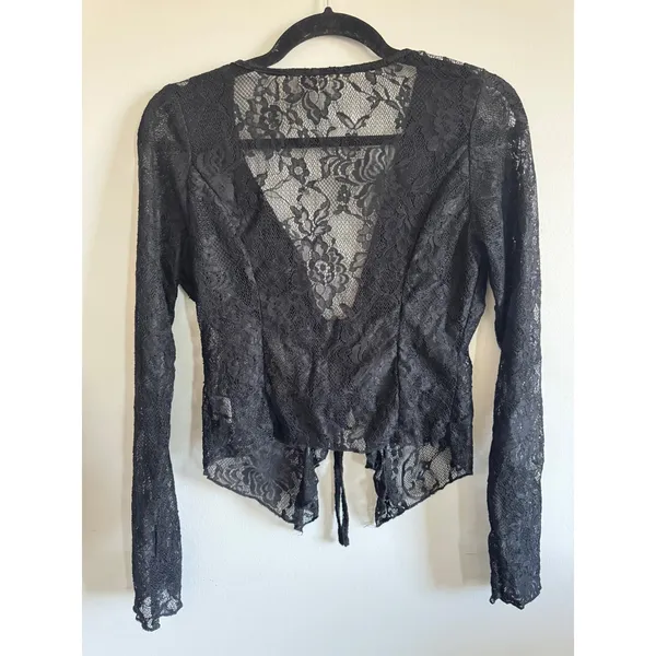 Black Lace Tie Front Crop Top M Sheer Y2K Goth Fairy Grunge‎ Long Sleeve Stretch - Image 2