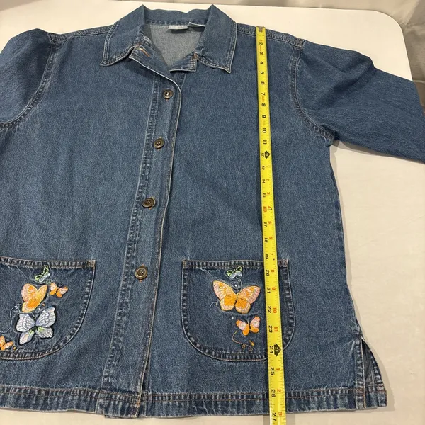 VTG Blair Blue Denim Shacket Overshirt Women Medium 100% Cotton Floral‎ Pockets - Image 9