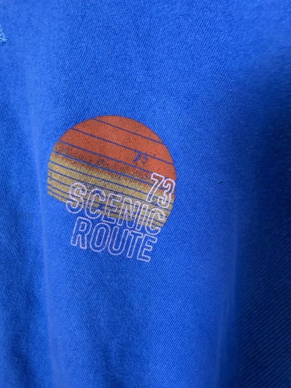BILLABONG Faded Royal Blue Cropped Sweatshirt Scenic Route 73 Sunset Size Small - Image 2