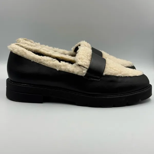 JustFab JF Leli Sherpa Lug Sole Loafers Black and Cream Chunky Platform Size 8 - Image 2