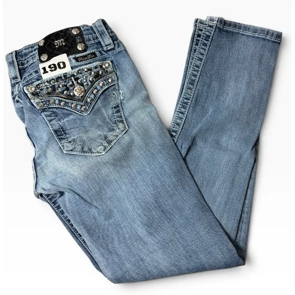 Miss Me Signature Cuffed Skinny Jeans Medium Wash Embellished Studded Size 28 - Image 3