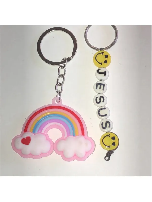 Rainbow and Smiley Jesus Boho Keychain Set Pink - Image 2