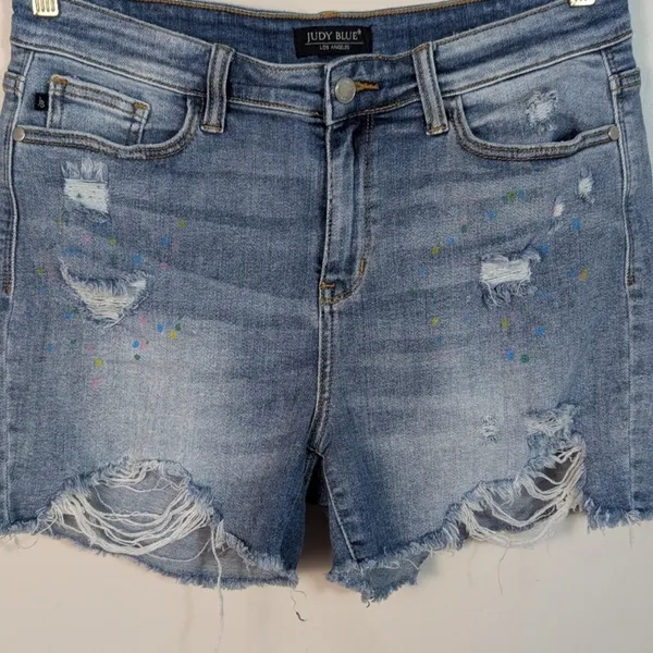 Judy Blue - Paint Spatter Distressed Jean Shorts - Light Blue - Image 11