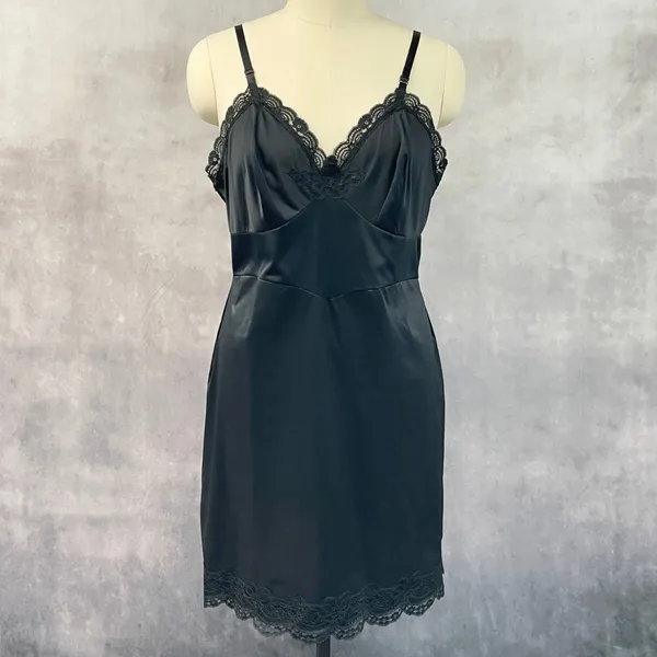 Vintage 50s Shadowline Women Slip Dress Size 42 Black Lace Trim Pinup Coquette - Image 15