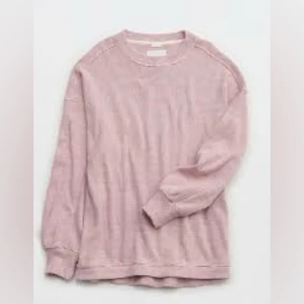 Aerie Red White Waffeknit Oversized Crewneck Pullover Sweatshirt - Image 2