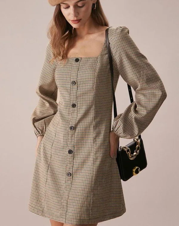 RIHOAS The Khaki Square Neck Plaid Button Mini Dress M 68 - Image 4