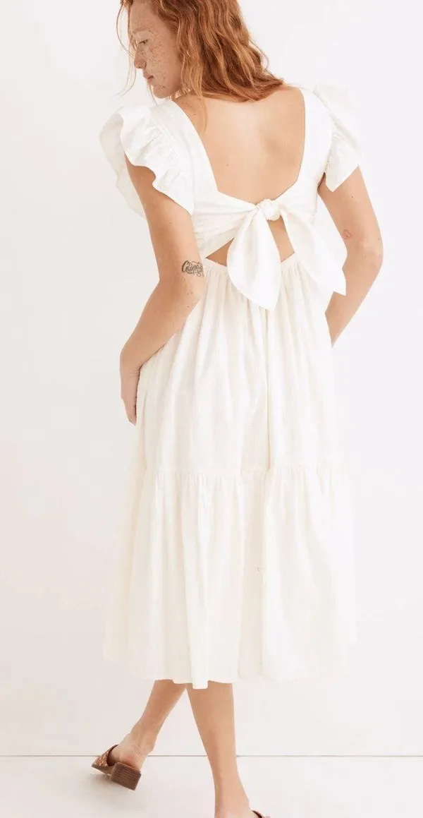 [Madewell] Cream Ruffle Strap Textural Striped Tiered Midi Dress Cutout Back 2X - Image 2