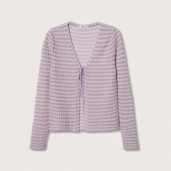 Mango NWT KNITTED CROPPED CARDIGAN STRIPED PURPLE WHITE LIGHTWEIGHT TIE DETAIL - Image 7
