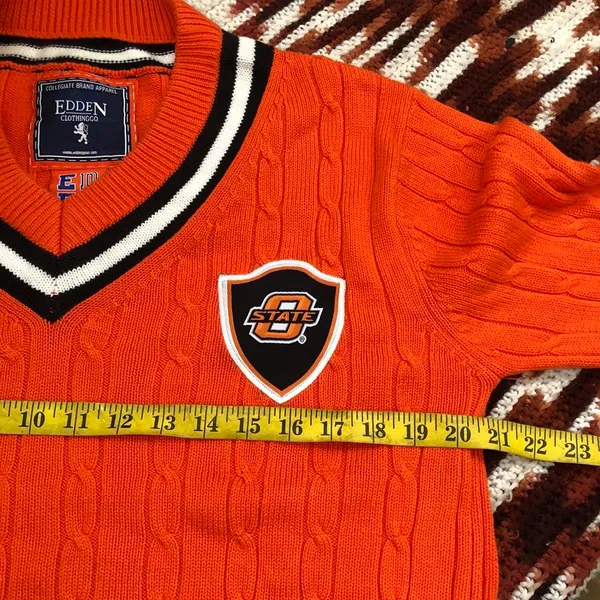 Oklahoma State University OSU Preppy Cable Knit Chunky V-Neck Sweater Collegiate Long Sleeve Orange White Sz L Measurement in pics - Image 6