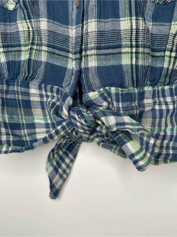 Free People We The Free First Bloom Plaid Tie Front Crop Shirt Blue Size Large - Image 5
