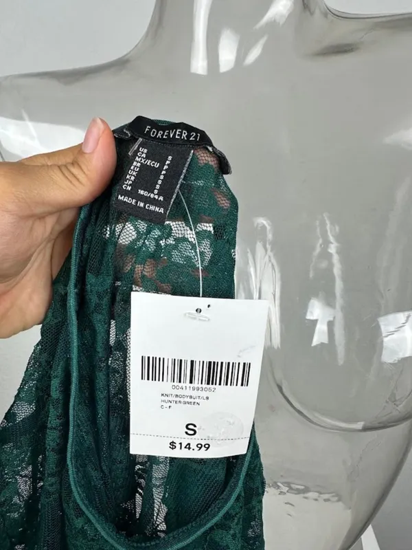 Forever 21 Green Lace Long Sleeve Bodysuit Size S - Image 5