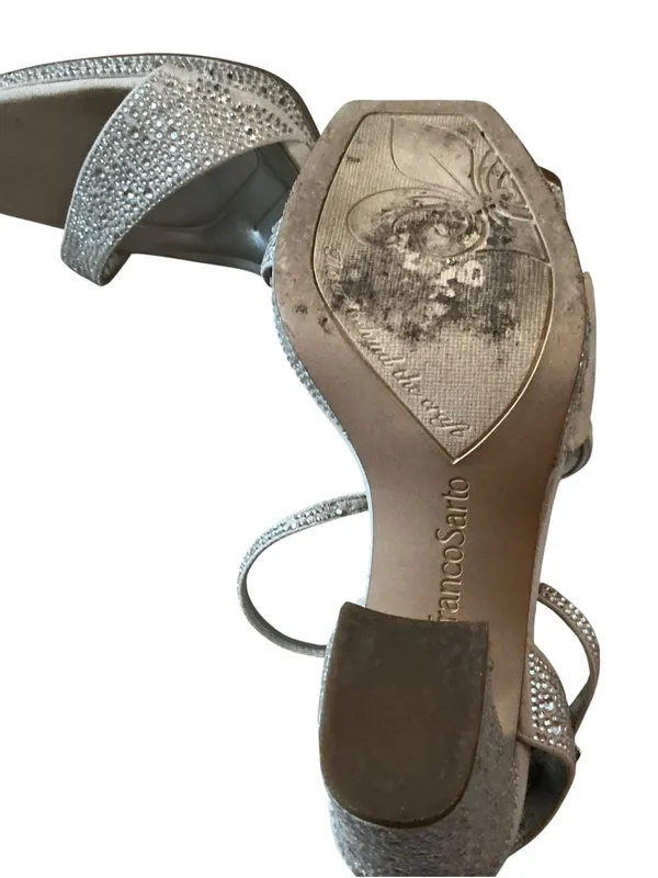 Franco Sarto women’s L-Daffy ankle strap heeled sandals metallic silver w stones - Image 6