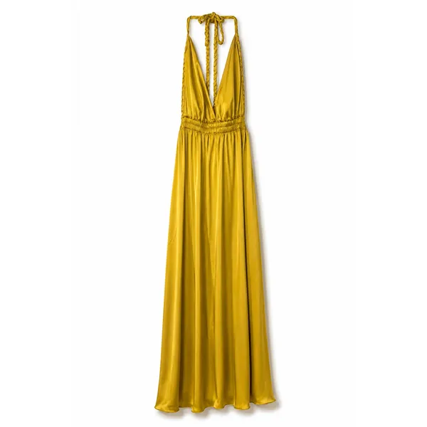 LoveShackFancy Golden Satin Plunge V-Neck Braided Halter Open Back Maxi Dress - Image 8