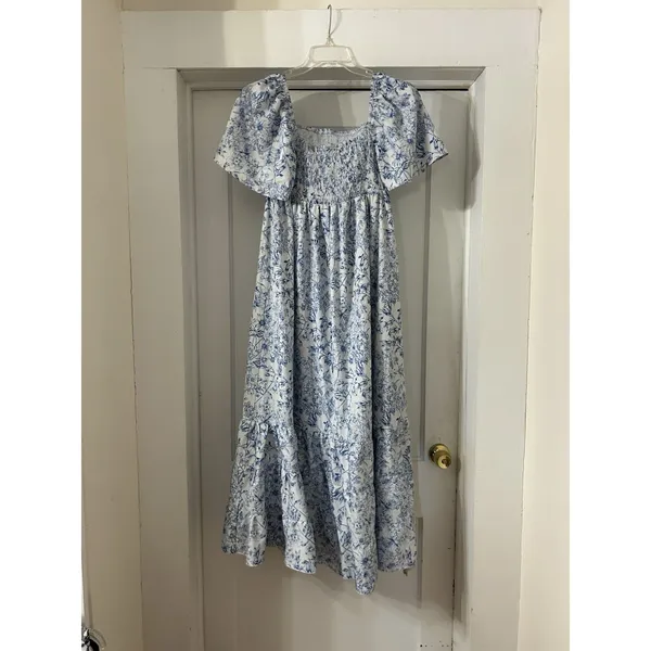 Blue Smocked Floral Toile Puff Sleeve Maxi Dress Cottagecore Ruffle Modest Sz 6 - Image 2