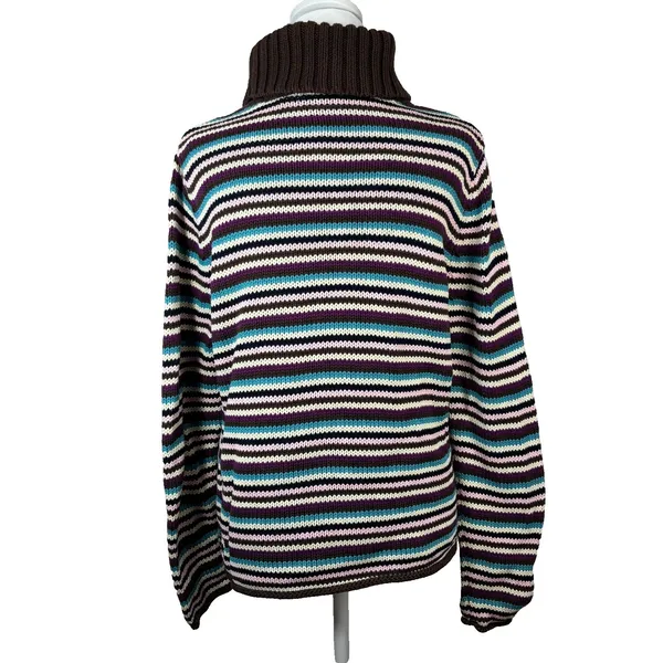 Striped Chunky Knit Turtleneck Sweater Earthy Rolled‎ Edges Cottage Casual Sz M - Image 2