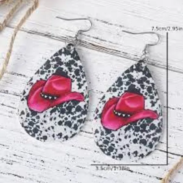 Boho SouthWestern Faux Leather Pink Cowboy Hat Milk Pattern Earrings - Image 2