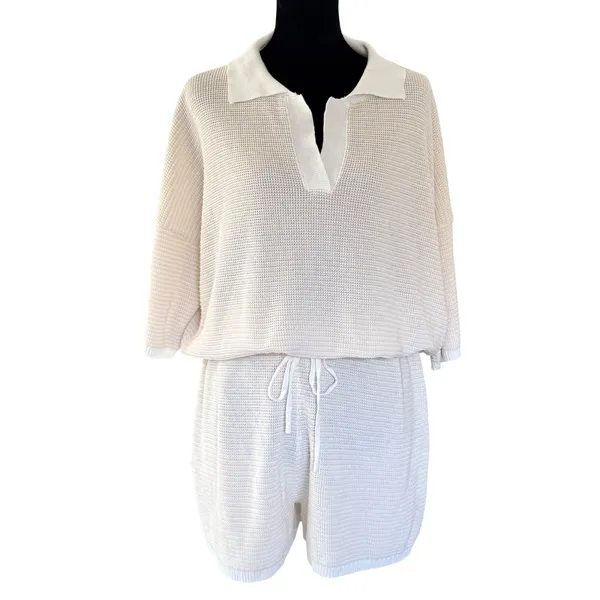 Lightweight‎ Knit 2 Piece Polo Top and Shorts Set Cream White Loungewear/ Resort - Image 3