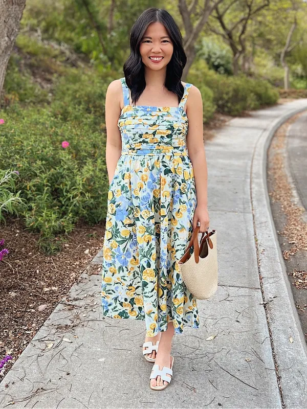 Abercrombie emerson midi dress linen lemons print petite a&f square neck pockets - Image 10
