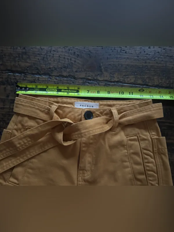 PacSun Mustard Yellow Denim Mini Skirt Belted Raw Hem‎ Pockets Size 23 - Image 7