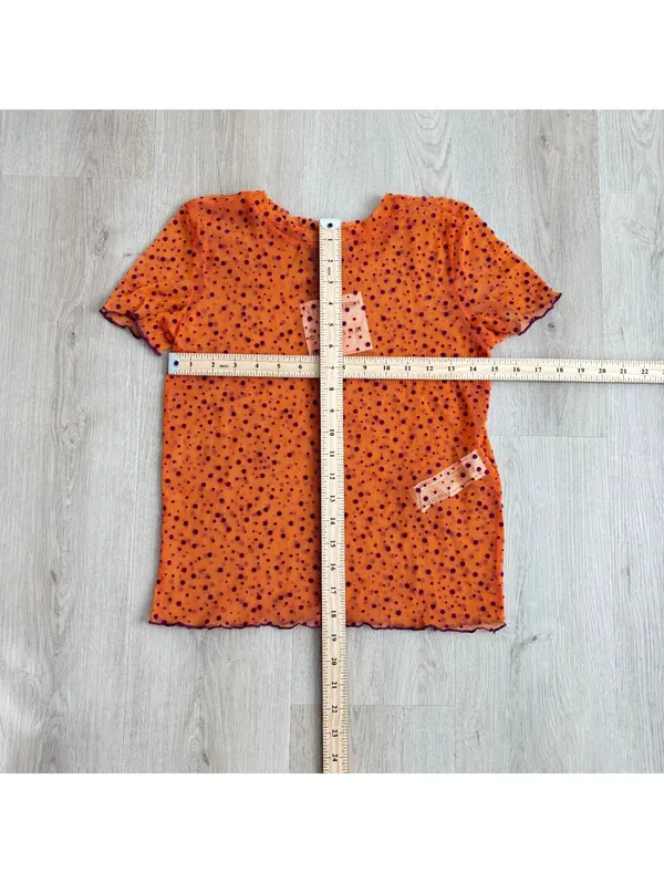 Zara NWT Women's Orange Sheer Mesh Purple Polka Dot Pattern Blouse Top Size S - Image 7