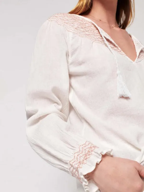 FAHERTY Laura Embroidered Top in Whisper White Smocked Neck‎ Peasant size XS - Image 8