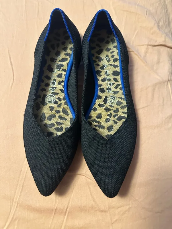 Rothy's Black Pointed Knit Flats with Blue Trim and Leopard Insole - Image 2