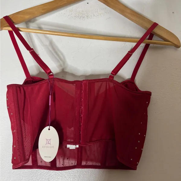 NWT Avidlove Medium Bra Corset Red With Rhinestones‎ - Image 2