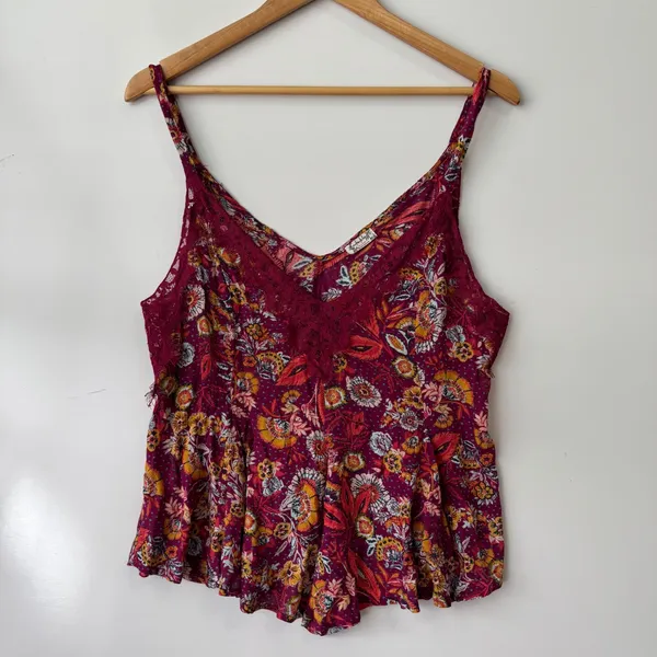 Free People Floral Cami Top Lace Trim V Neck Sleeveless‎ Blouse Medium - Image 3