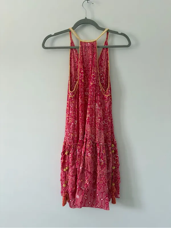 Poupette St. Barth Pink Yellow Betty Floral Sleeveless Tiered Ruffle Mini Dress - Image 6