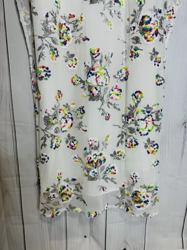 Buddy Love Atlas Sequin Caftan Maxi Dress Sz L White Floral V-Neck Relaxed Fit - Image 6
