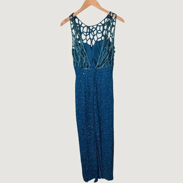 Scala Silk Beaded Gown Teal Blue Lattice Neckline Maxi Dress Small Formal Gown - Image 3