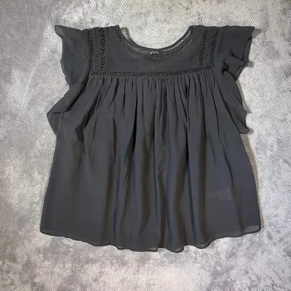 LOFT Small Charcoal Gray Ruffle Sleeve Lace Trim Blouse Business Office NEW - Image 9